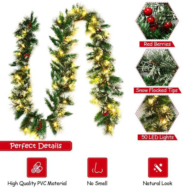 9FT Pre-lit Snow Flocked Tips Christmas Garland with Red Berries 50 Lights