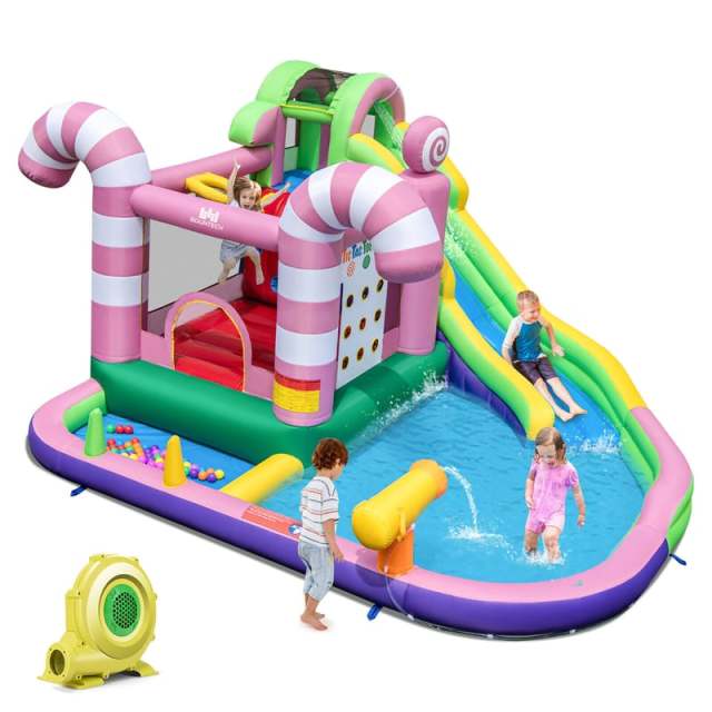 9-in-1 Inflatable Water Slide Bounce House Sweet Candy Bouncy Castle Backyard Waterpark Pool with 735W Blower, Climbing Wall & Tic-Tac-Toe