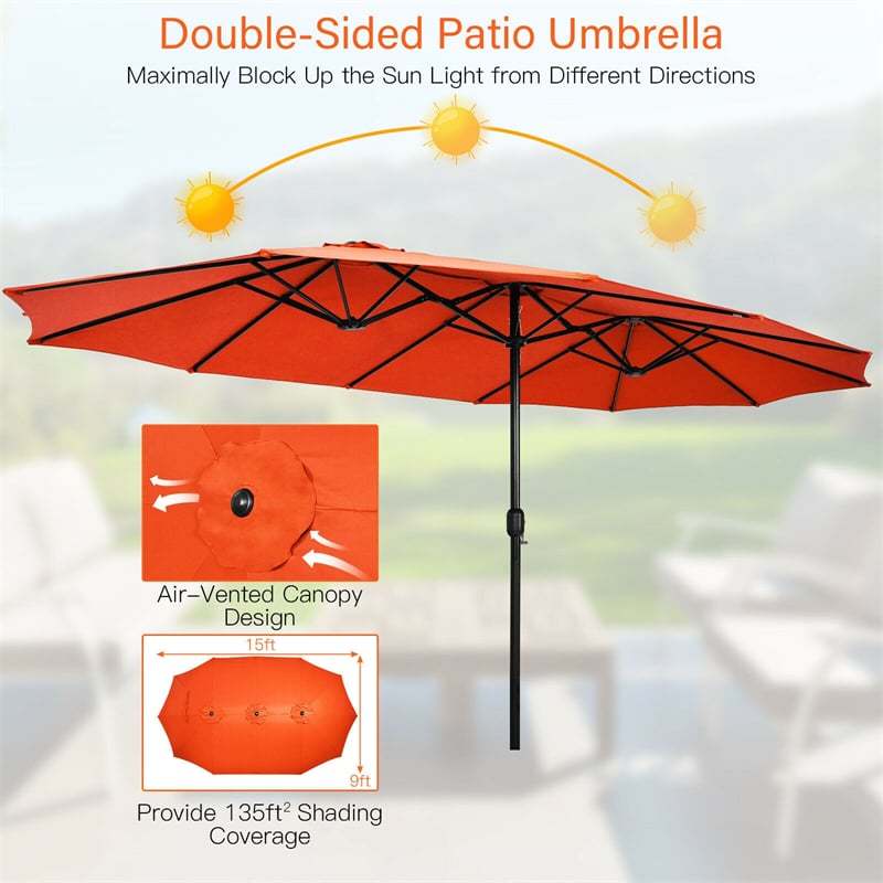 15FT Double-Sided Patio Umbrella with Base, Crank Handle & Air Vent, Extra Large Outdoor Market Umbrella for Poolside, Garden, Backyard
