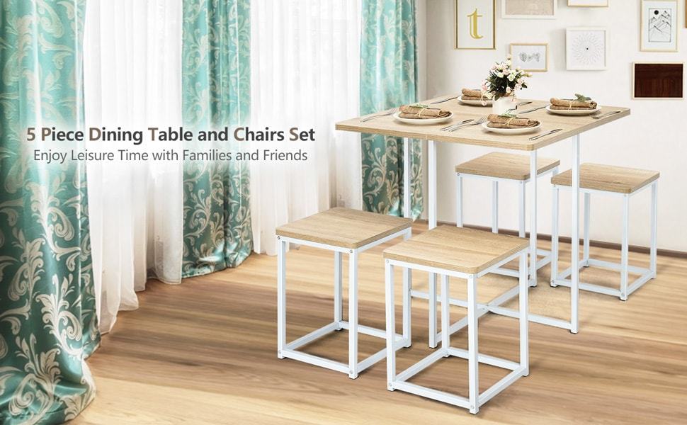 5pcs Compact Dining Table Set with 4 Square Stools & Metal Frame for Small Space Pub Apartment