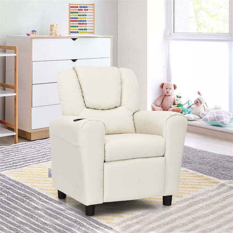 Kids Recliner Chair with Cup Holder, Armrests & Retractable Footrest, Children PU Leather Sofa Armchair, Ergonomic Toddler Room Furniture