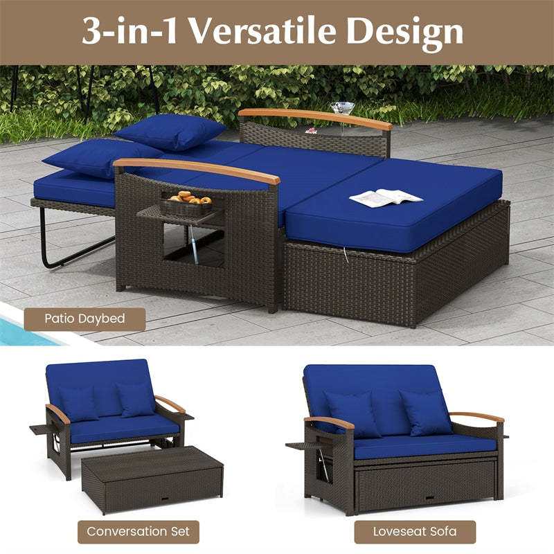Patio Rattan Daybed Set with Cushioned Loveseat, Storage Ottoman, Retractable Side Tray, Backrest Adjustable Outdoor Double Chaise Lounge