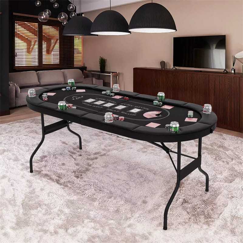 72" Foldable Poker Table, 8-Player Texas Holdem Card Table with Cup Holders, Casino Grade Felt, Portable Oval Blackjack Table for Home Game Room
