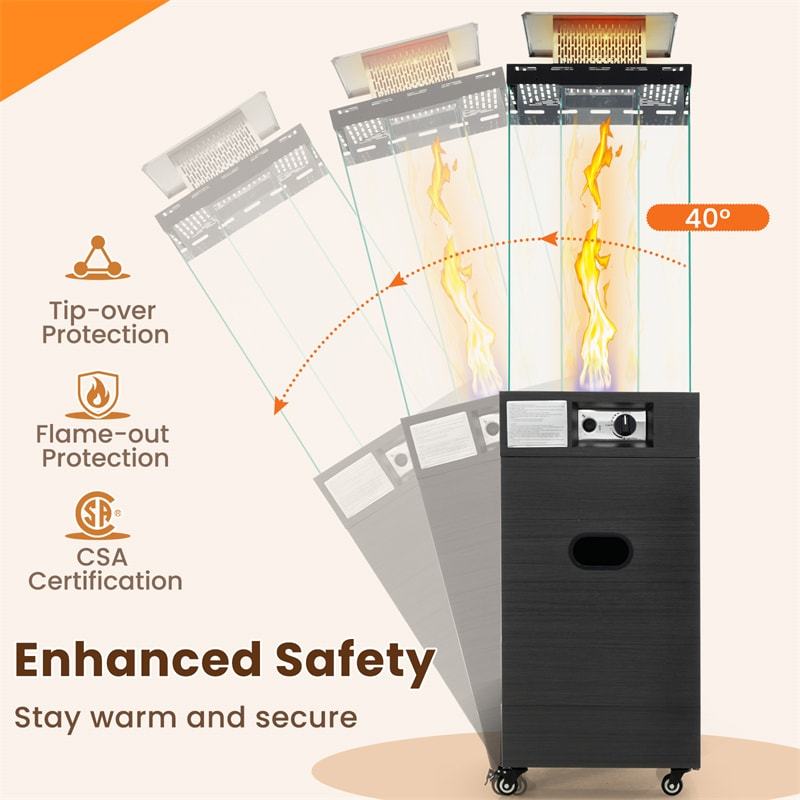 40,000 BTU Propane Patio Heater, Outdoor Gas Heater with Wheels, Tempered Glass Tube, Stainless Steel Burner, Cover, CSA Certified for Porch, Backyard