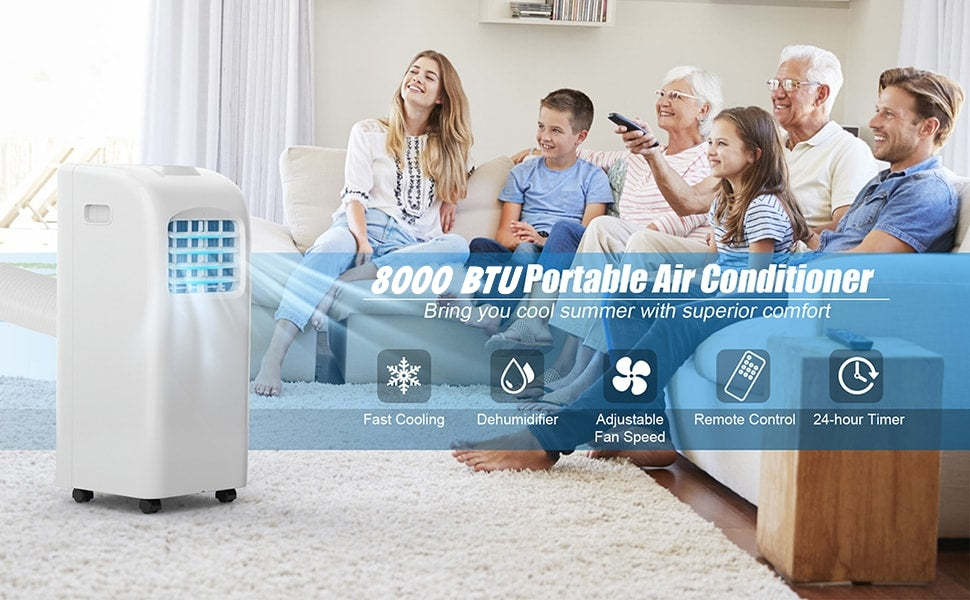 8000 BTU Portable Air Conditioner 3-in-1 Air Cooler Dehumidifier Function with Remote Control LED Display Window Kit