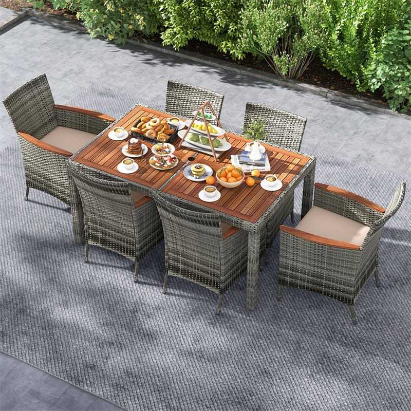 7 Piece Rattan Patio Dining Set with Umbrella Hole Acacia Wood Table, 6 Cushioned Armchairs, Outdoor Wicker Dining Table Set with Cushions for 6