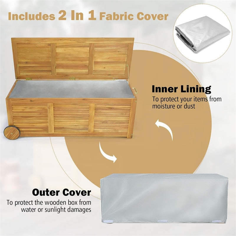 48 Gallon Acacia Wood Deck Box Outdoor Patio Storage Box with Wheels, Side Handle & Waterproof Fabric Cover