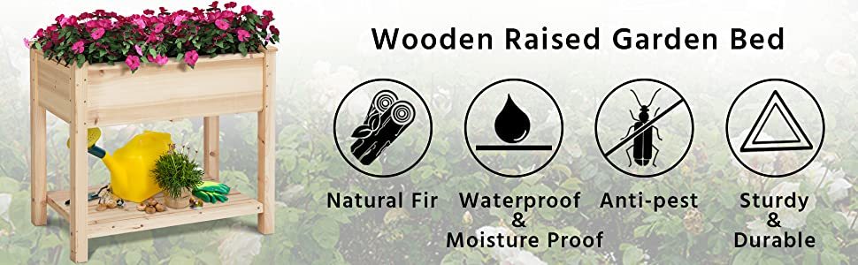 Wooden Outdoor Raised Garden Bed with Storage Shelf
