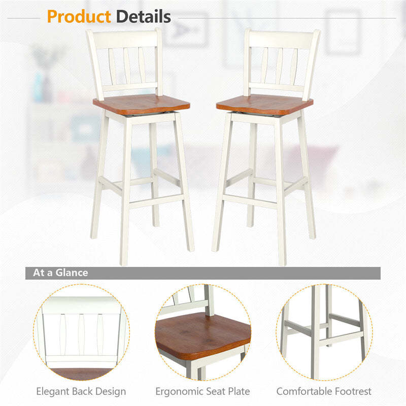 30.5" Swivel Bar Stools Set of 2 Solid Rubber Wood Bar Height Chairs with Footrests for Kitchen Dining Counters Pub