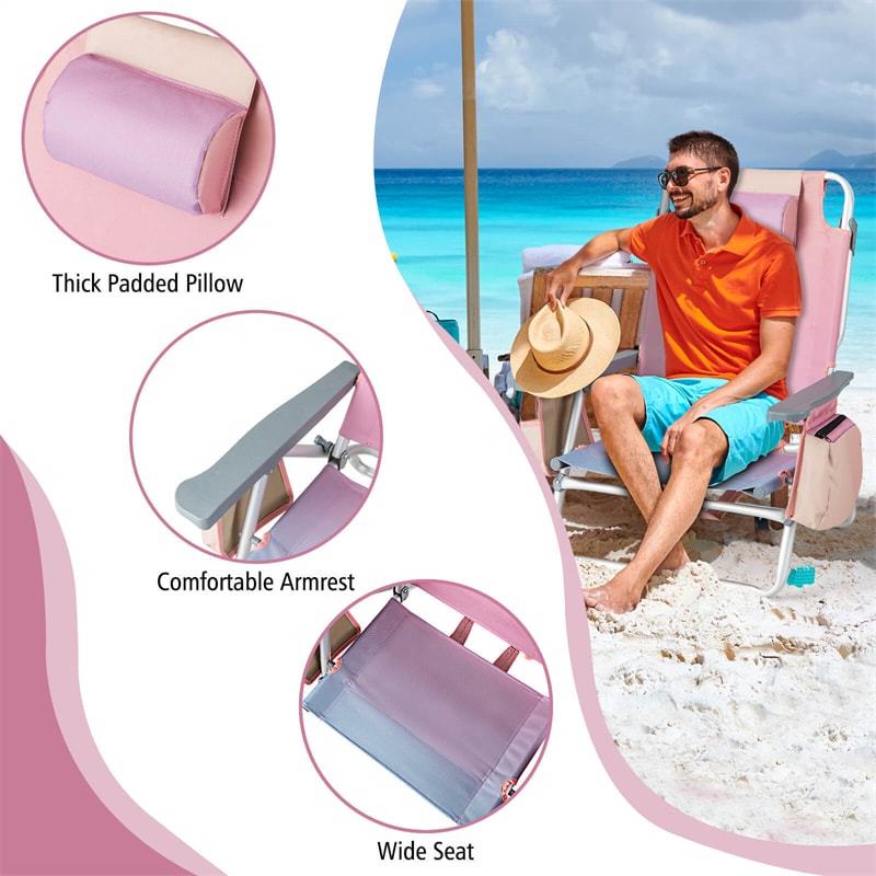 3PCS Folding Backpack Beach Chairs with Side Table, Cooler Bag, Cup Holder, 5-Position Reclining Beach Chairs for Camping Sunbathing