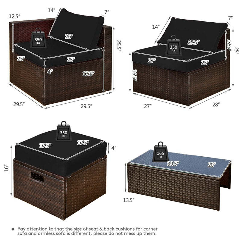 8PCS Patio Furniture Set Outdoor Space Saving PE Rattan Sectional Sofa Wicker Conversation Set w/ Storage Box, Glass Table, Waterproof Cover