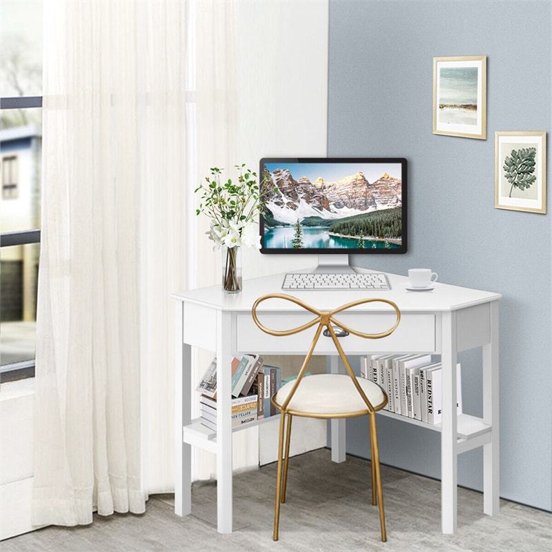 Corner Desk Triangle Computer Desk Laptop Writing Table Workstation Vanity Desk with Drawers & Storage Shelves