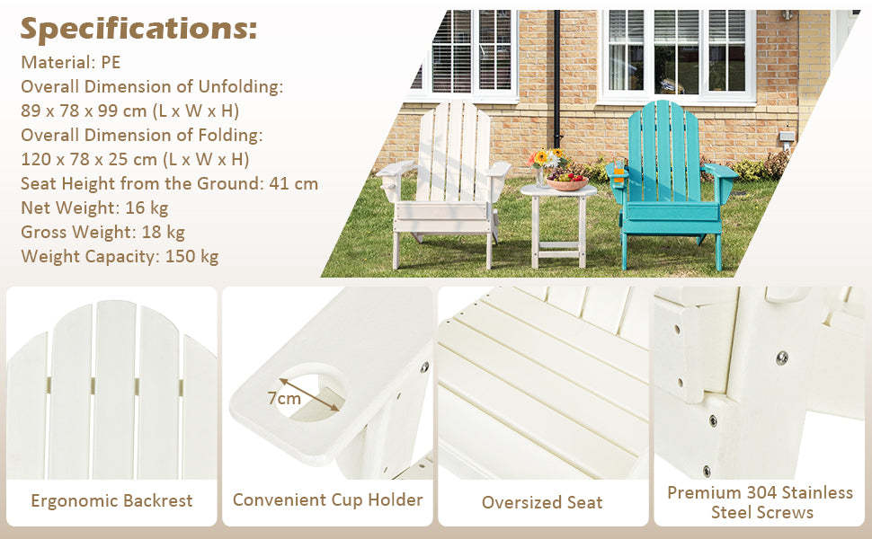 Outdoor Folding Patio Adirondack Chair with Built-in Cup Holder for Backyard Balcony