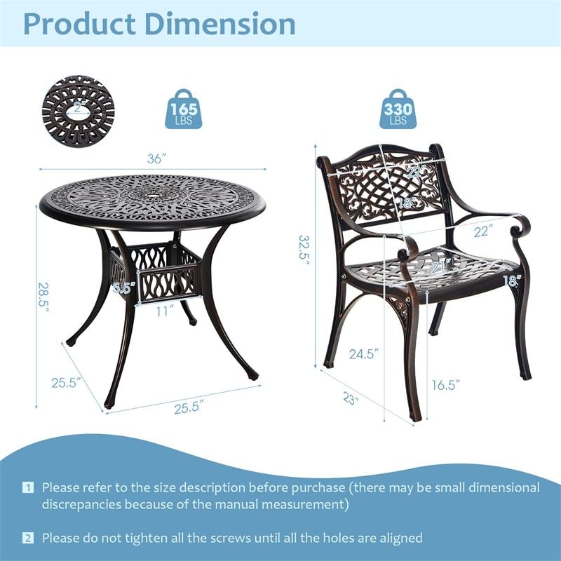 5 Piece Cast Aluminum Patio Bistro Set, All-Weather Outdoor Round Dining Table with Umbrella Hole & 4 Ergonomic Chairs for Backyard, Garden, Poolside