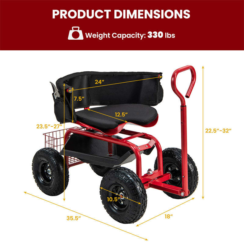 Rolling Garden Cart, Height Adjustable Garden Scooter with 360° Swivel Work Seat, Tool Tray, Storage Basket & Handle for Yard Gardening Work