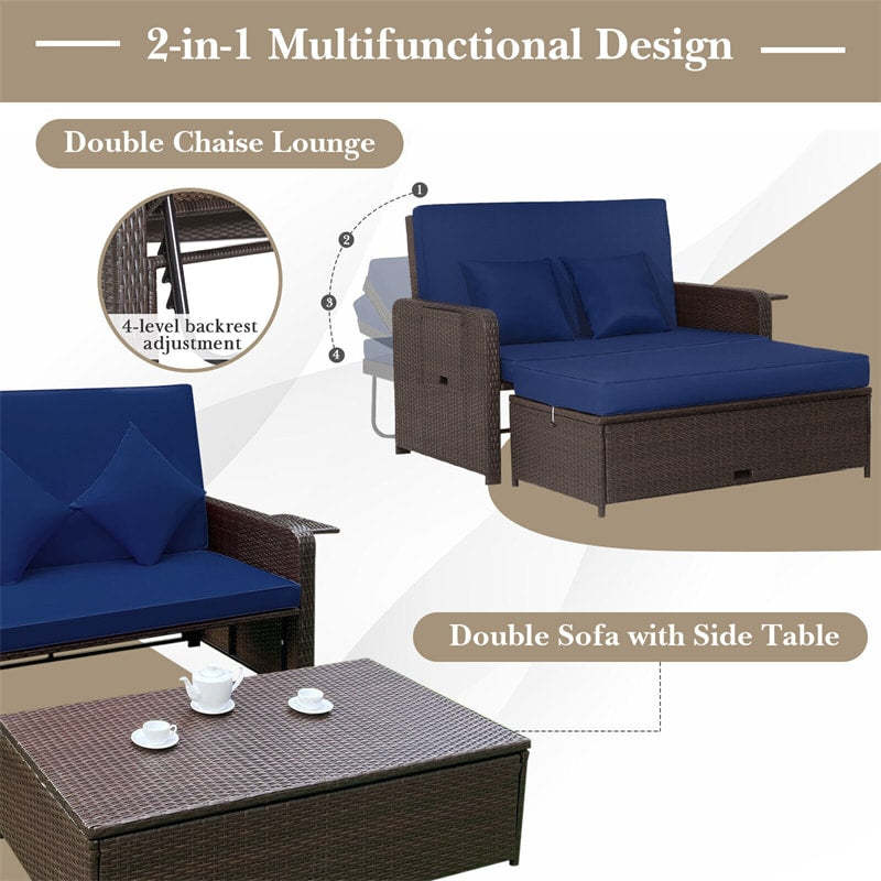 Patio Rattan Daybed Set, Outdoor Wicker Loveseat Sofa w/Multipurpose Ottoman, Retractable Side Tray, 4-Level Adjustable Backrest & Cushions