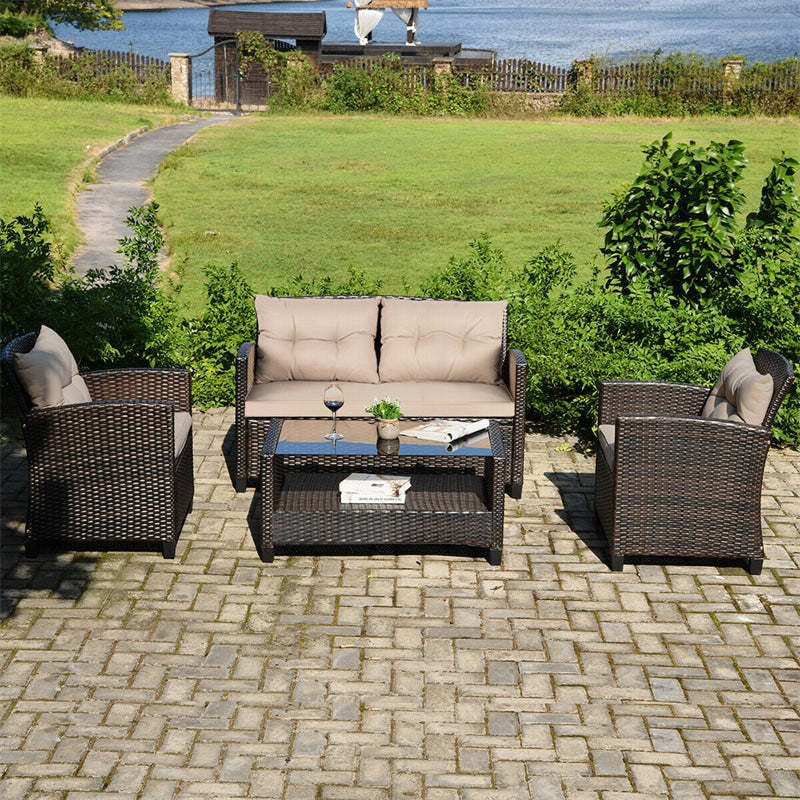 4-Piece Outdoor Rattan Furniture Set Patio Cushioned Conversation Set Wicker Sectional Sofa with Loveseat Chair & Shelf Glass Coffee Table