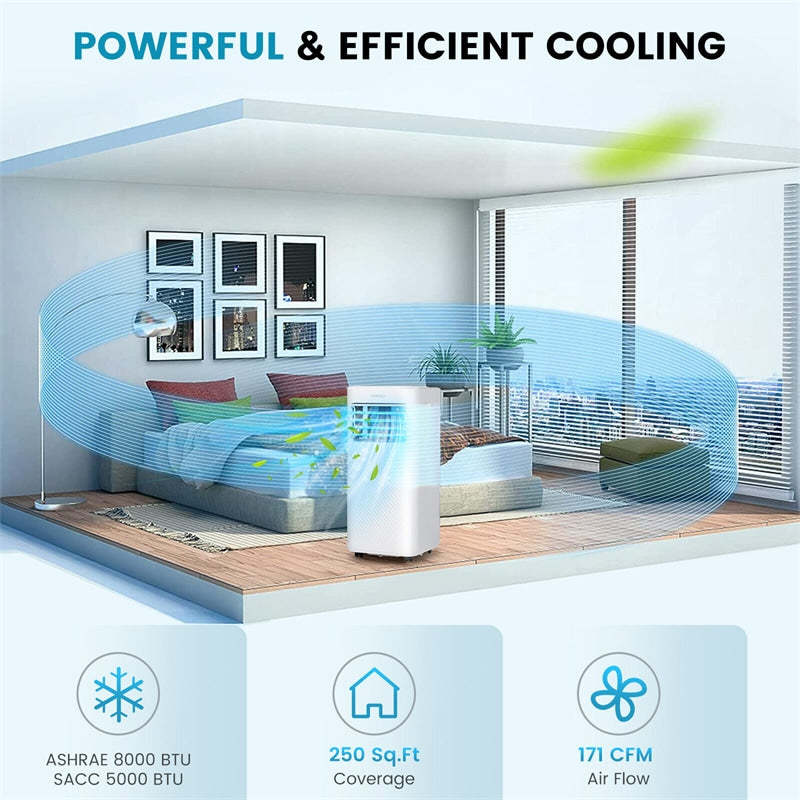 8000 BTU Portable Air Conditioner 4-in-1 AC Unit Cooling Fan Dehumidifier with Sleep Mode Remote Control & Window Kit Child Lock