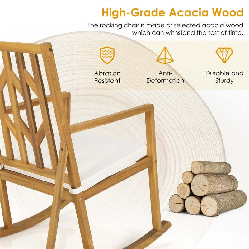 Acacia Wood Outdoor Rocking Chair Porch Rocker with Armrest and Cushion for Garden Deck
