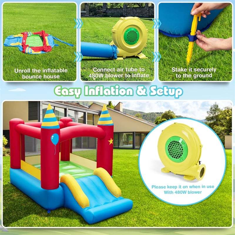Inflatable Bounce House Stars Castle Portable Bouncy Castle with Large Jumping Area, Slide & 480W Blower for Kids Outdoor Indoor Family Fun