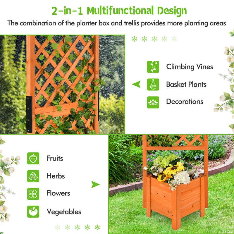 Wooden Raised Garden Bed 71” High Planter with Trellis for Plant Flower Climbing Pot Hanging