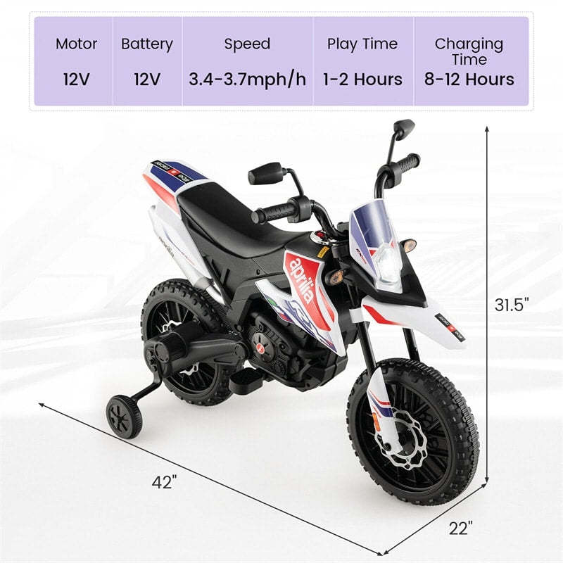 12V Kids Ride On Motorcycle, Licensed Aprilia Electric Dirt Bike with Training Wheels & Headlights, Battery Powered Ride On Car for Ages 3+