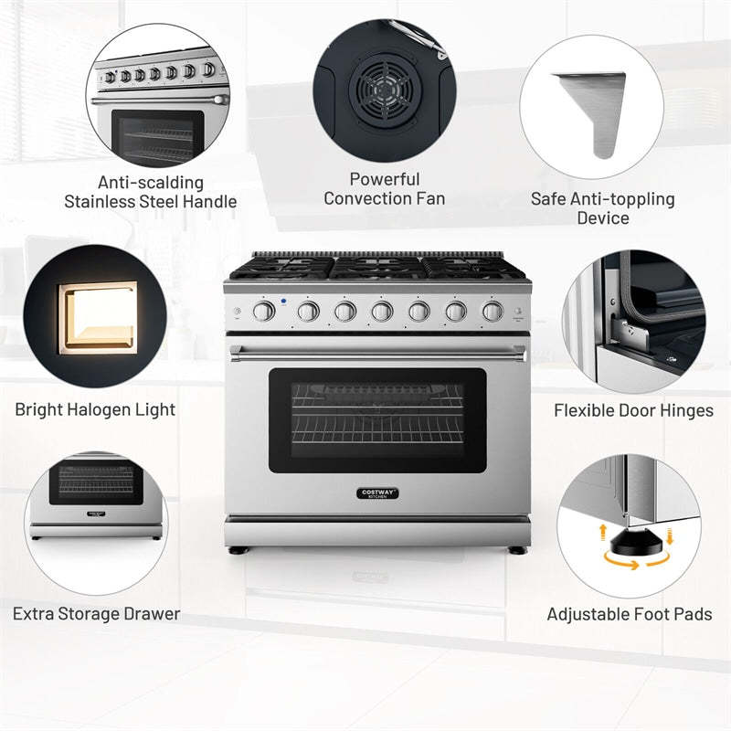 36" Freestanding Natural Gas Range Stainless Steel Dual Fuel Gas Range with 6 Burners Cooktop & 6 Cu.Ft. Convection Oven