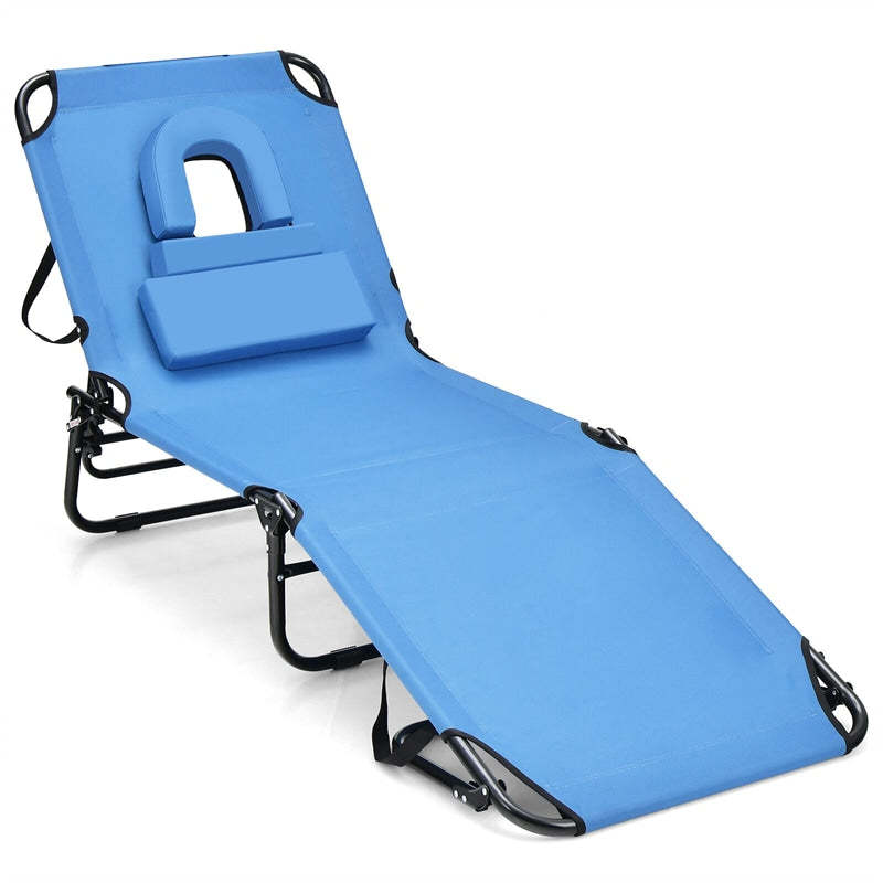 Folding Beach Chaise Lounge Chair, 5-Position Adjustable Sunbathing Recliner with Face Hole, Removable Pillows, Carry Strap, 350LB Support