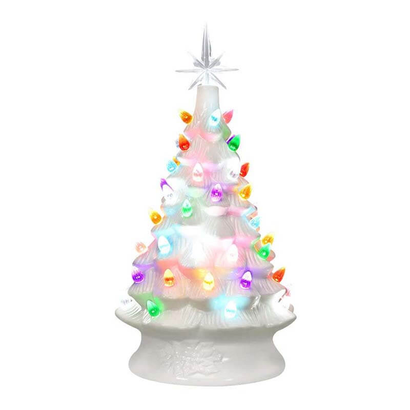 14 Inch Hand-Painted White Tabletop Ceramic Christmas Tree with 12 Built-in Lights and Top Star