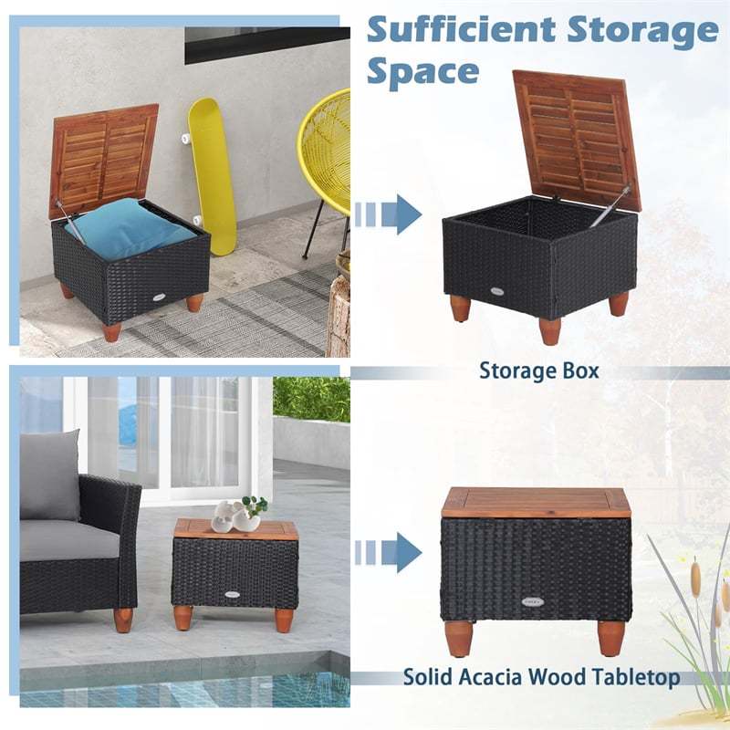 3PCS Patio Rattan Furniture Set Cushioned Sofa Chair Storage Coffee Table with Acacia Wood Top, Outdoor Wicker Conversation Set for Garden