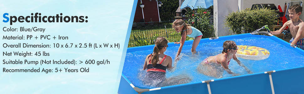 Rectangular Above Ground Frame Swimming Pool with Pool Cover for Patio Backyard Garden