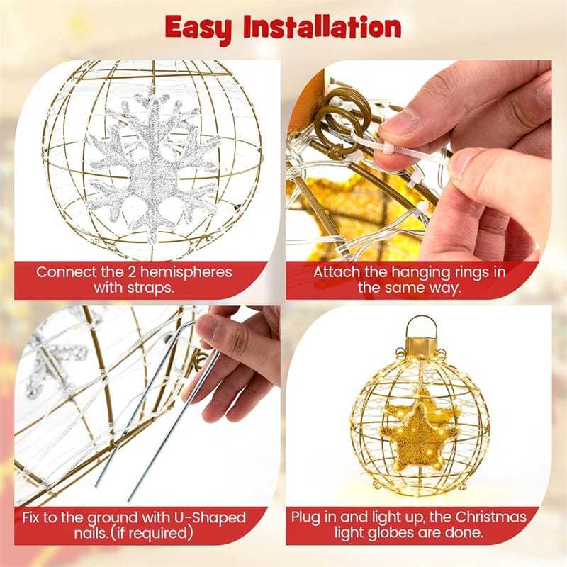 3-Pack Christmas LED Lighted Sphere Balls, Pre-Lit Lantern Balls with 732 Lights, Zip Ties & Ground Stakes, Tree Globe Lights for Indoor Outdoor Decor