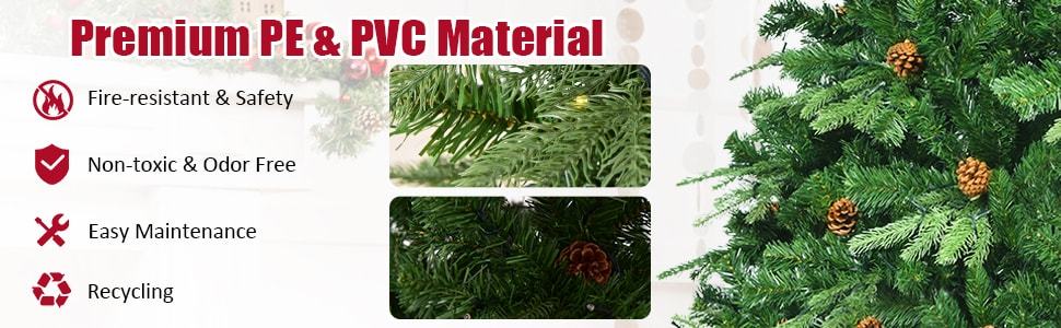 7/7.5/8 Feet Pre-Lit Artificial Christmas Tree Premium Spruce Hinged Tree with LED Lights & Pine Cones, Xmas Tree for Holiday Indoor Décor