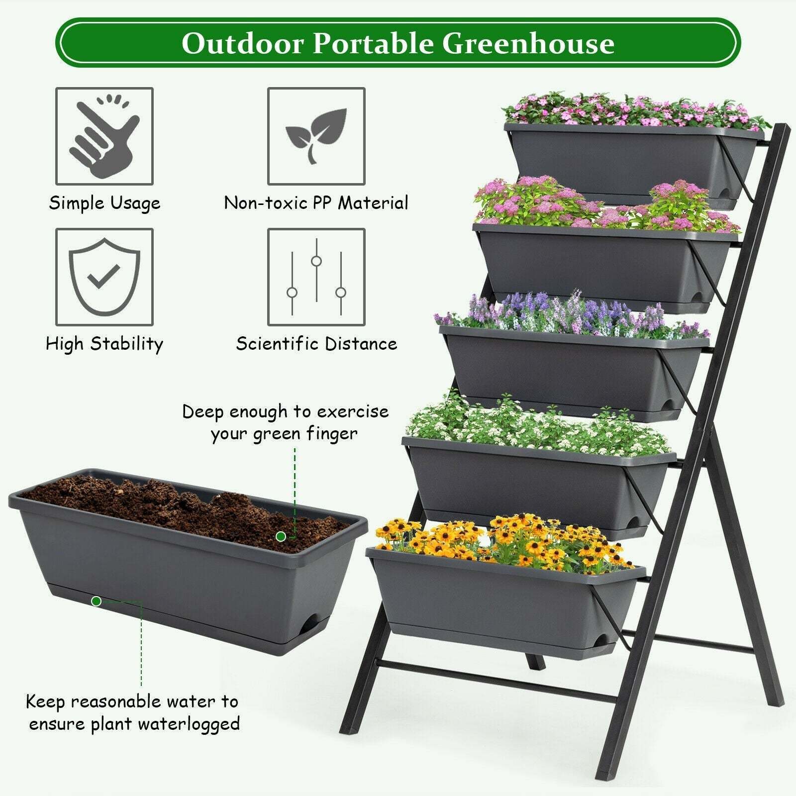 4 ft 5 Tier Vertical Raised Garden Bed with Container Boxes for Vegetables