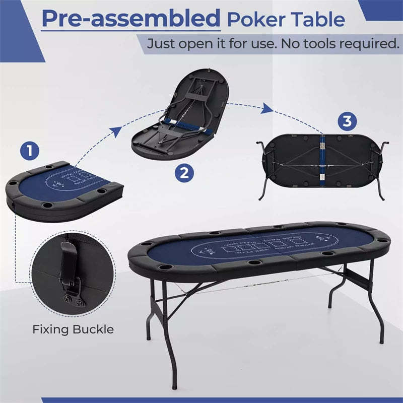 72" Foldable Poker Table, 8-Player Texas Holdem Card Table with Cup Holders, Casino Grade Felt, Portable Oval Blackjack Table for Home Game Room