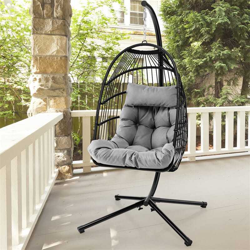 Swing Egg Chair Folding Hanging Basket Chair PE Rattan Hammock Chair with Steel Stand, Waterproof Cover, Removable Pillow & Cushion