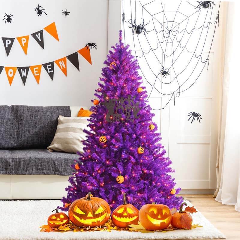 5FT Artificial Prelit Purple Halloween Tree with Orange Lights and Pumpkin Ornaments