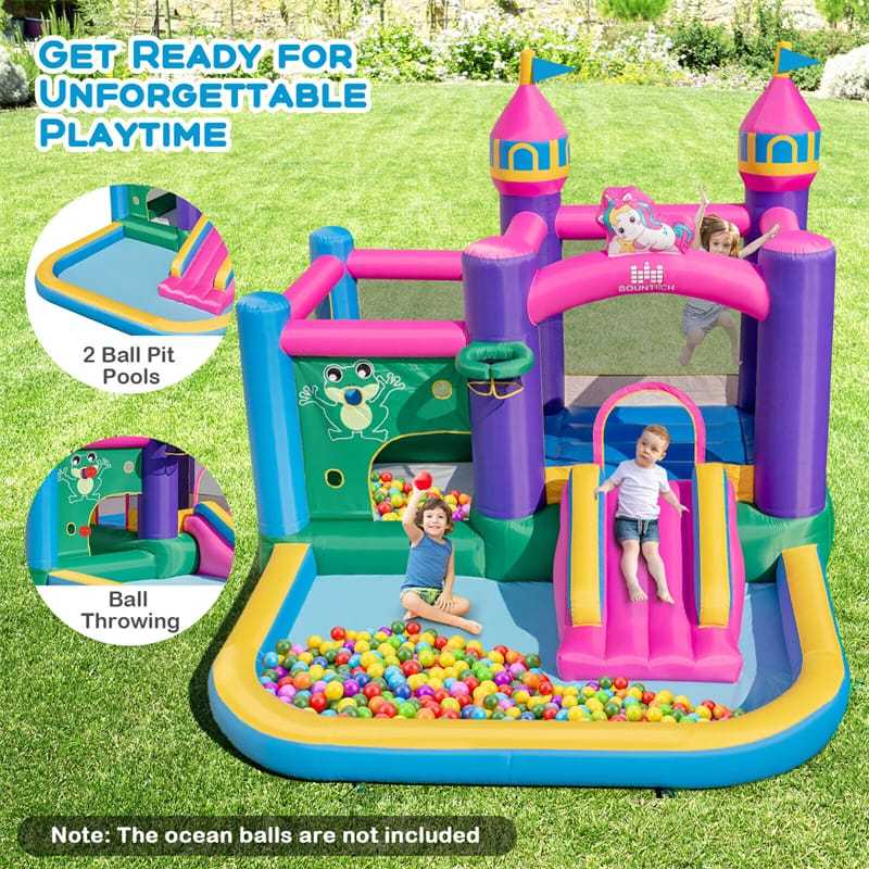 Inflatable Bounce House, 6-in-1 Unicorn Jumping Bouncy Castle with Slide, 735W Blower, 2 Ball Pits & Basketball Rim for Kids 3-10 Indoor Outdoor Party