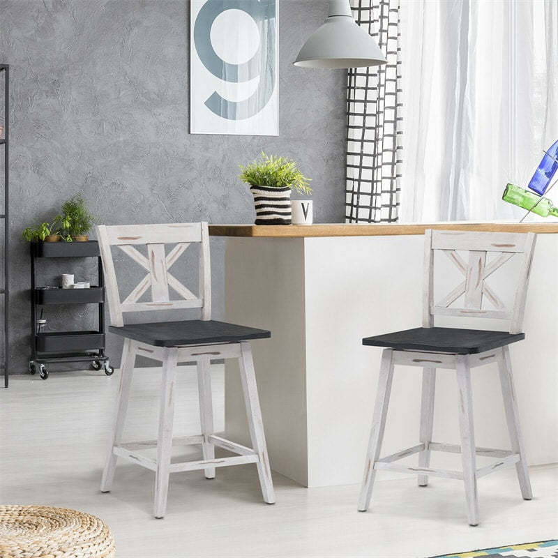 Wooden Swivel Counter Height Bar Stools Set of 2 with Non-Slip Foot Pads