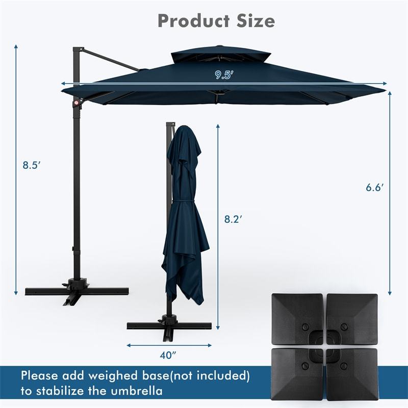 9.5FT Double Top Cantilever Umbrella, Heavy Duty Offset Hanging Patio Umbrella Square Outdoor Umbrella with 360° Rotation & Cross Base