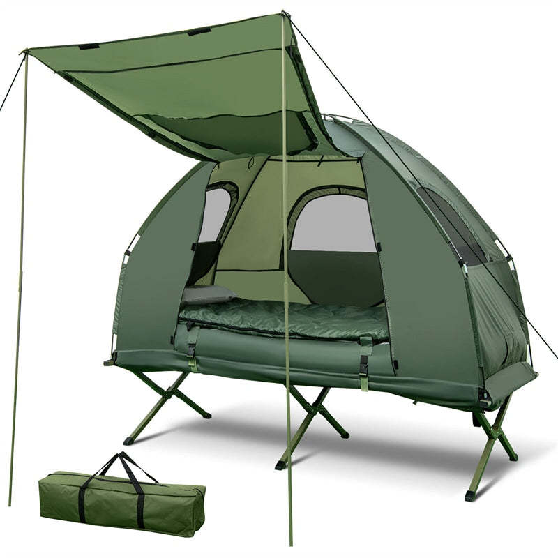 5-in-1 Tent Cot, 1-Person Elevated Camping Cot with Sunshade, Air Mattress, Sleeping Bag & Carry Bag, Waterproof Tent Cot for Outdoor Camping, Hiking