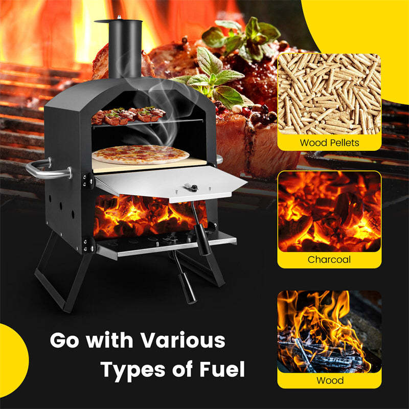 Outdoor 2-Layer Pizza Oven Wood Fired Pizza Oven with Waterproof Cover, Pizza Stone, Pizza Peel, Portable Pizza Maker Pizza Grill Oven for Camping BBQ