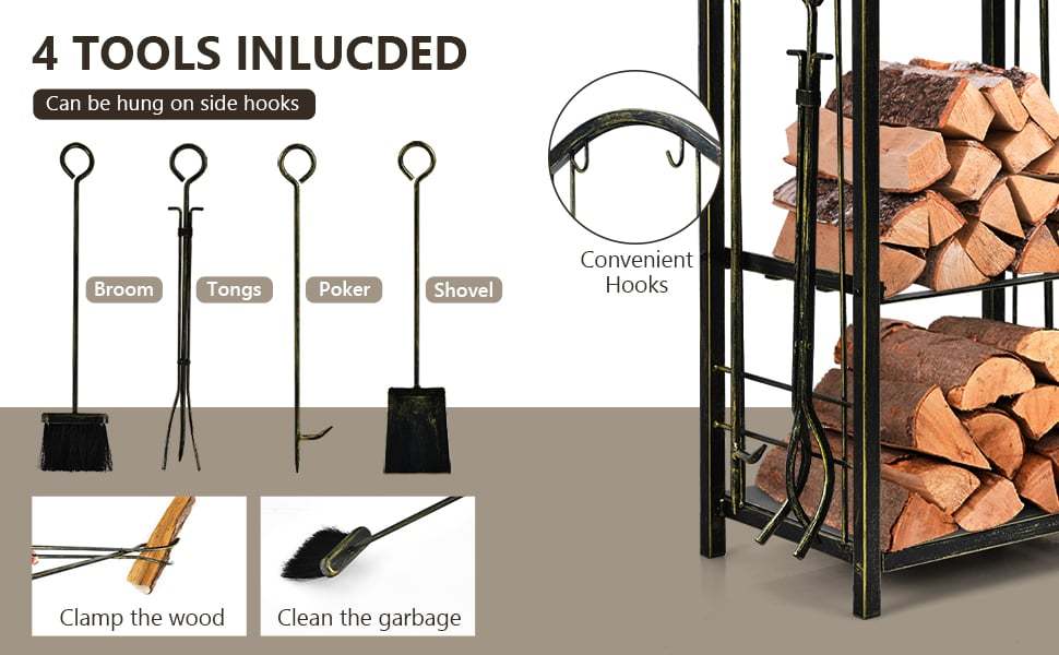 Firewood Rack with 4 Fireplace Tools Set, Wrought Iron Log Rack Wood Storage Firewood Holder for Outdoor Indoor