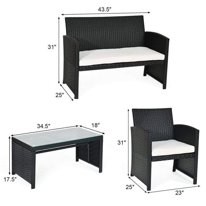 4-Piece Rattan Patio Furniture Set, Weather-Resistant Outdoor Wicker Conversation Sofa with Cushions & Tempered Glass Table for Backyard