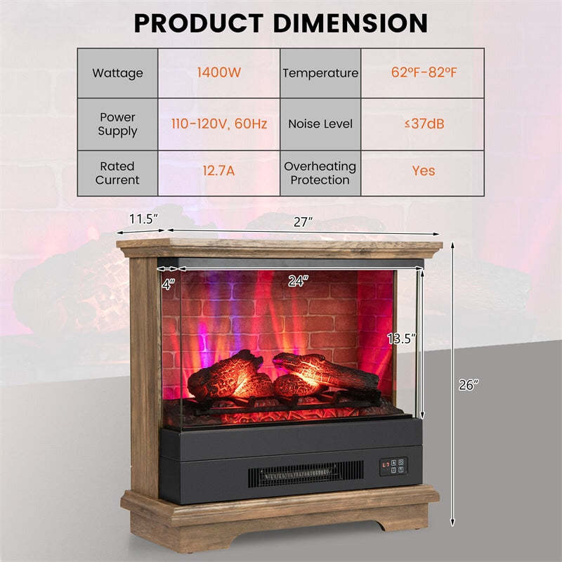 27" Electric Fireplace with Mantel, 3-Sided Glass View Freestanding Heater 1400W with 7 Flame Colors, Remote, 6H Timer & Overheat Protection