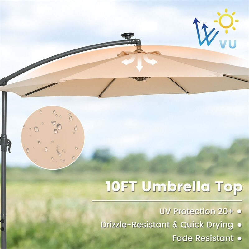 10FT Solar Offset Patio Umbrella, Hanging Cantilever Umbrella with 32 LED Lights, Adjustable Tilt, Sand Bag Base for Garden, Poolside, Yard