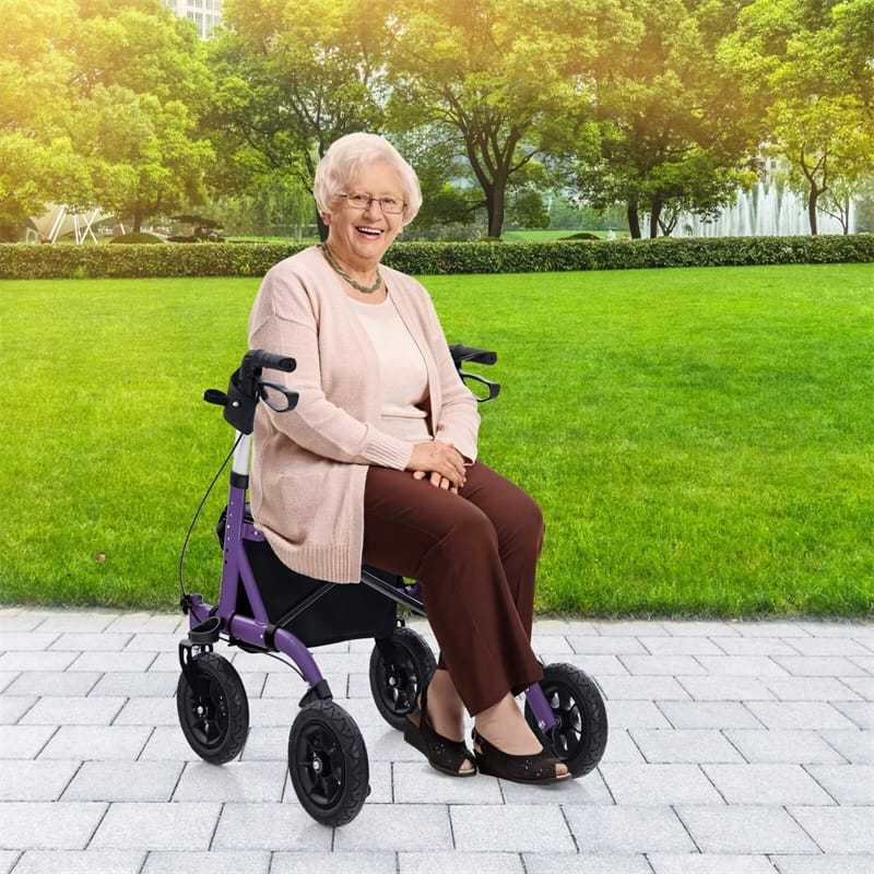 Foldable Rollator Walker with Seat & 9.5" All-Terrain Pneumatic Wheels, 350lbs Heavy Duty Height Adjustable Bariatric Rollator for Seniors/Adults