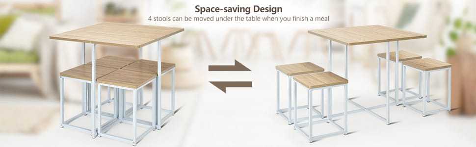 5pcs Compact Dining Table Set with 4 Square Stools & Metal Frame for Small Space Pub Apartment