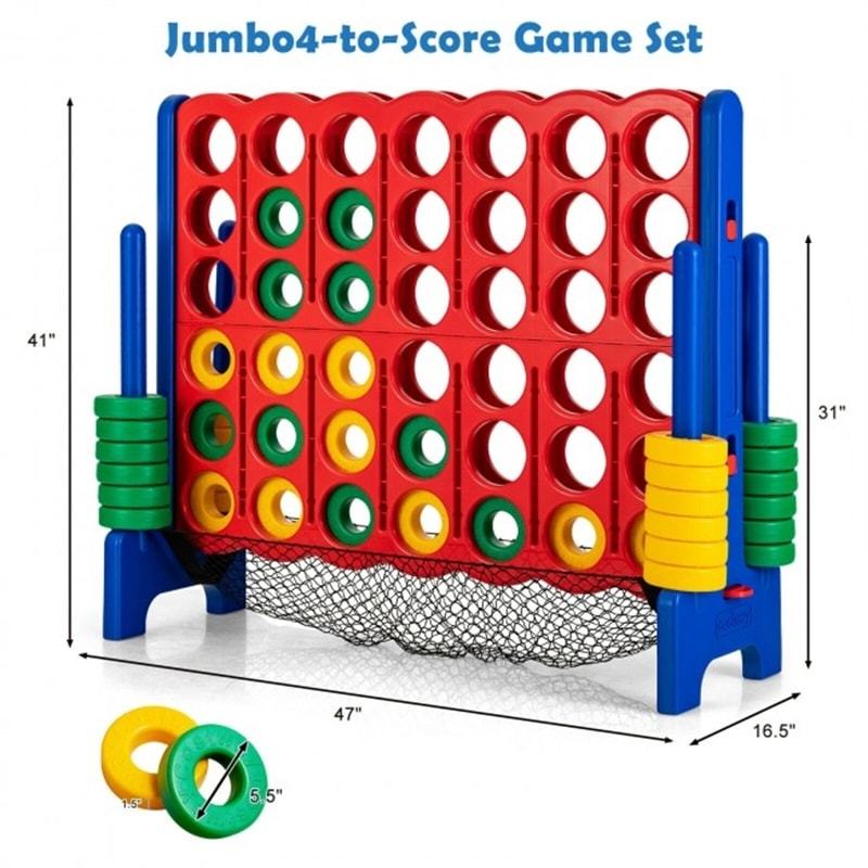Giant 4-to-Score Game Set, Jumbo 4-in-A-Row Game Set with 42 Rings, Quick-Release Lever, Mesh Storage Net, 3.5FT Tall Connect Game for Kids & Adults
