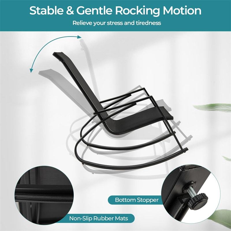 Outdoor Rocking Chairs Set of 4, Metal Frame Sling Fabric Patio Rockers with Ergonomic Backrest & Seat, Safe Stoppers for Backyard, Front Porch